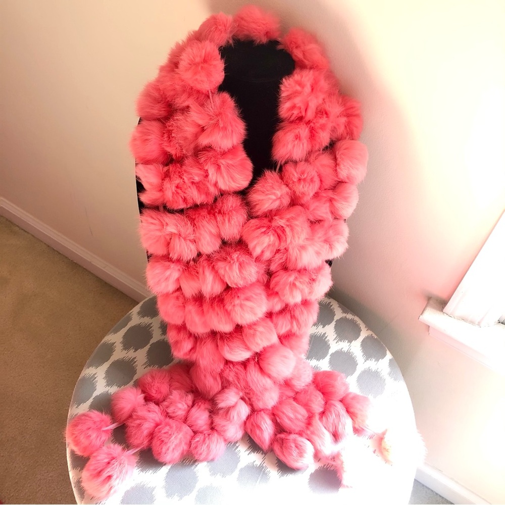 NWOT! Coral Pink Rabbit Fur Pom Pom Scarf